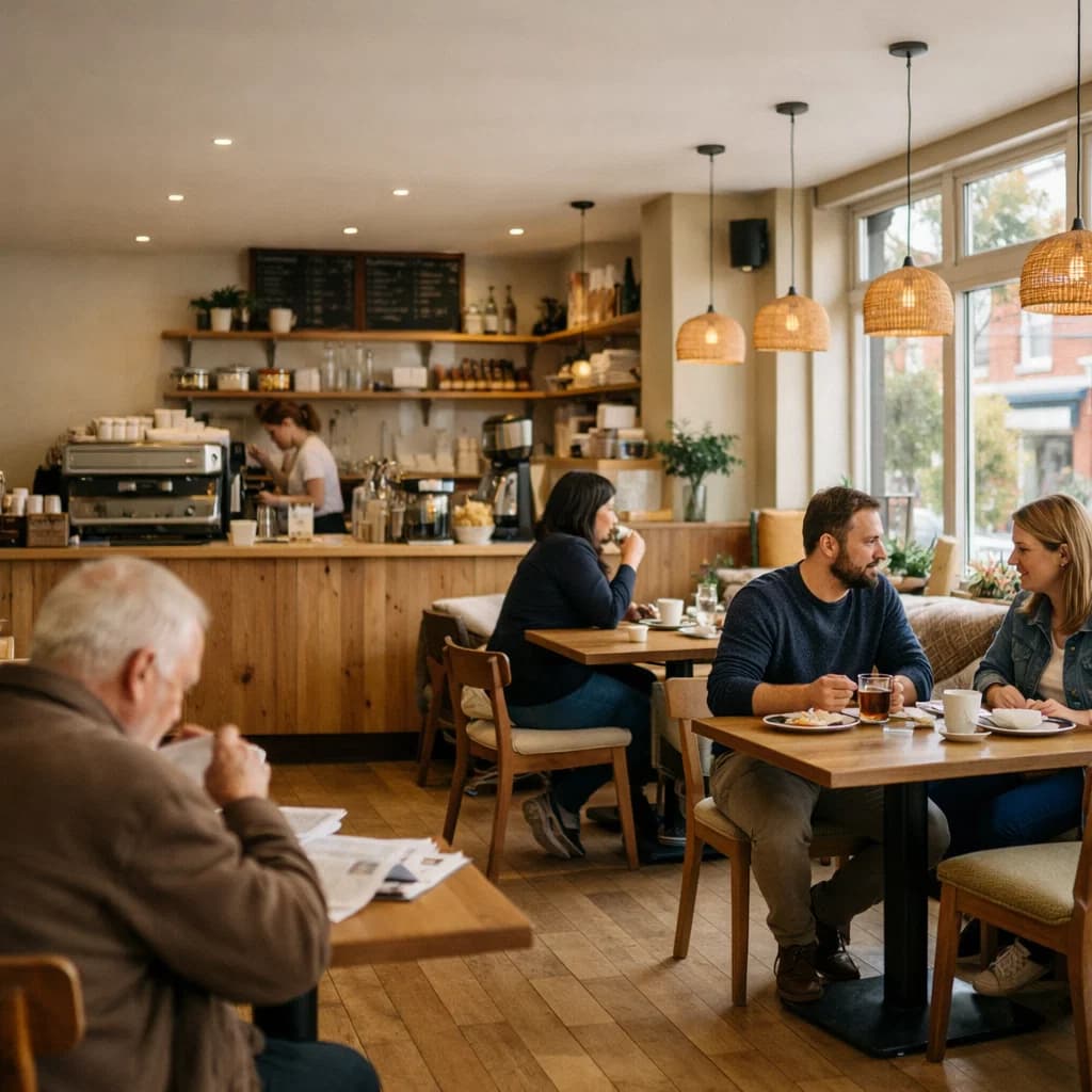 Warm independent cafe interior with customers and coffee counter